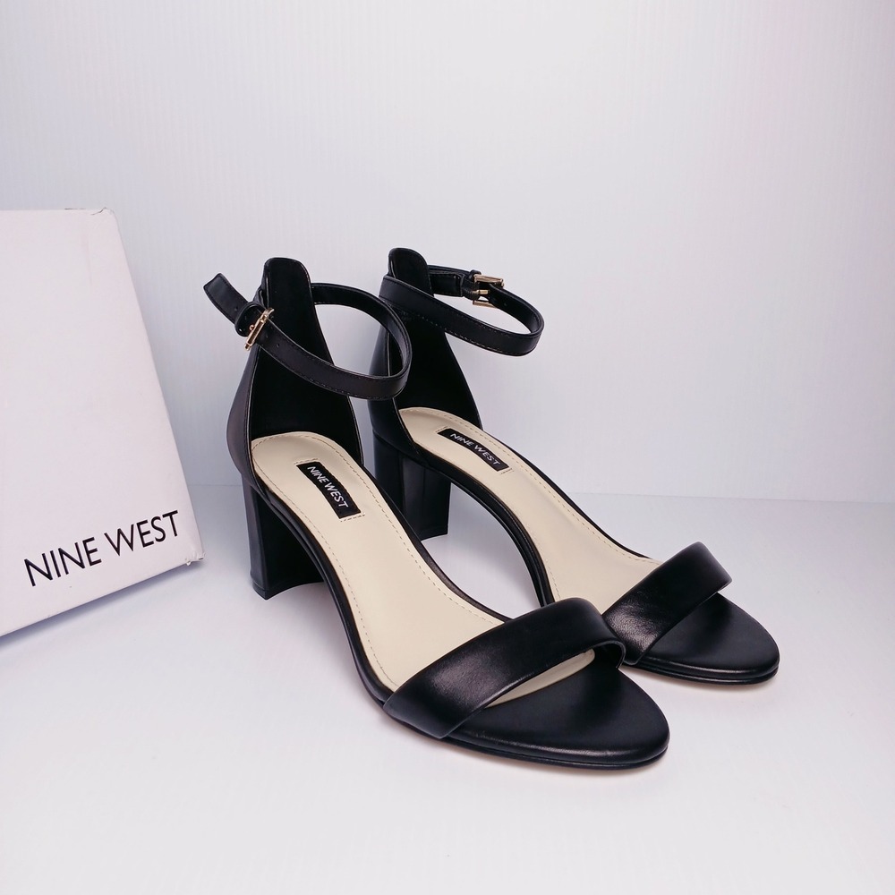 Nine West Womens Pruce Black Leather Block Heel Ankle Strap Sandals 8.5W - Picture 4 of 12